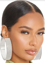 Load image into Gallery viewer, Silver Rhinestone wide metal Hoops